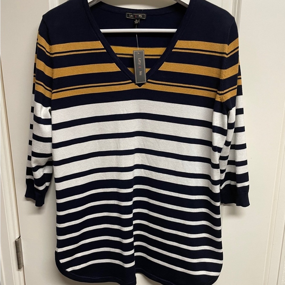 Navy and Gold Striped V-Neck Top